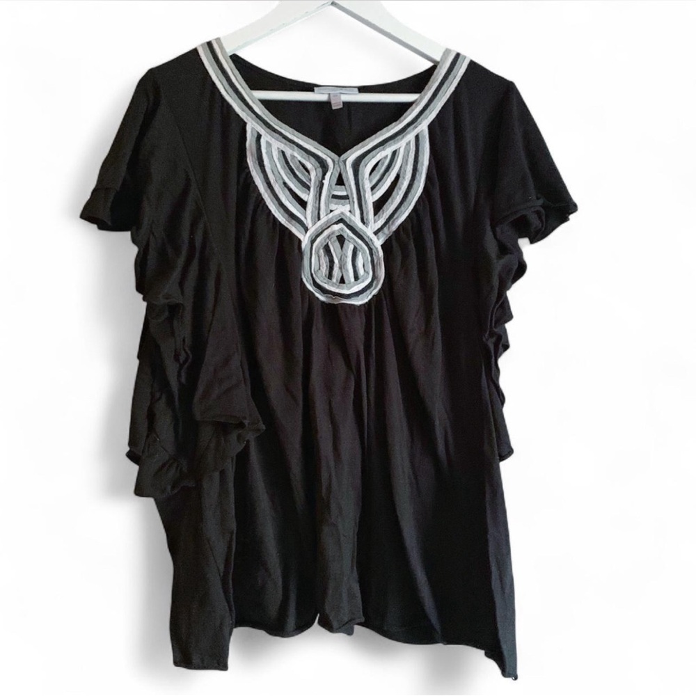 Fashion Bug Black Ruffled Appliqué Knit Blouse Top 3X